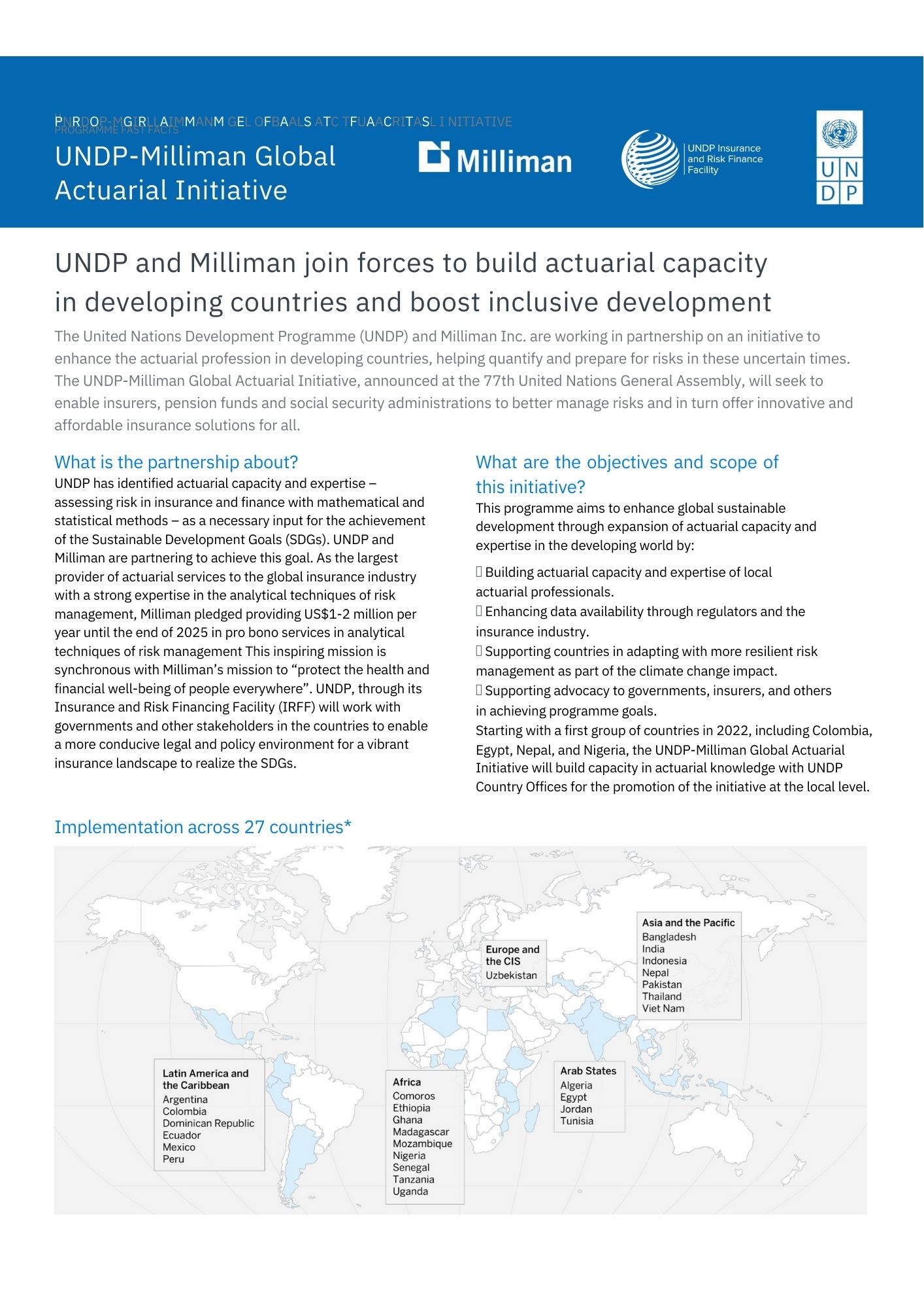 UNDP-Milliman Global  Actuarial Initiative. Programme Fast Facts